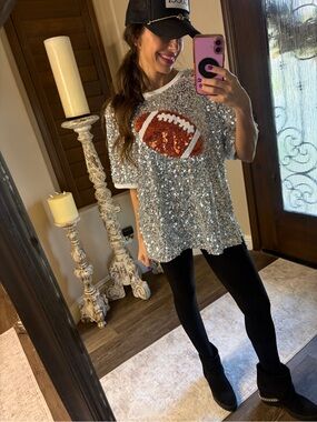 Women’s Timing Silver Sequin Short Sleeve Tee with Orange Football Graphic